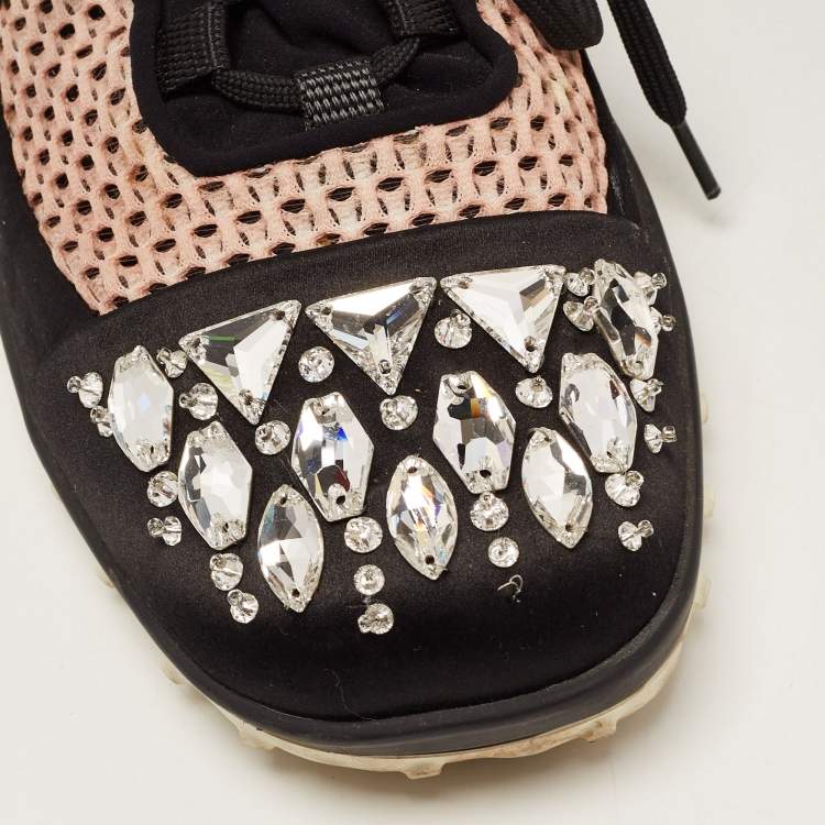 Pre Owned Miu Miu Black/Pink Neoprene and Mesh Crystal Embellished Low Top Sneakers Size 40