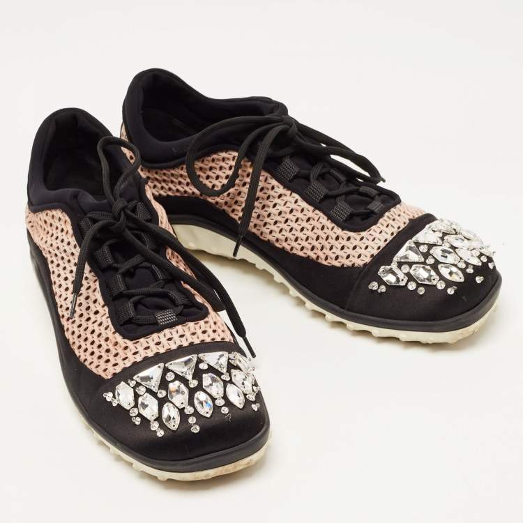 Pre Owned Miu Miu Black/Pink Neoprene and Mesh Crystal Embellished Low Top Sneakers Size 40