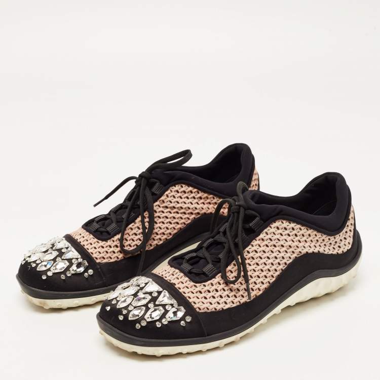 Pre Owned Miu Miu Black/Pink Neoprene and Mesh Crystal Embellished Low Top Sneakers Size 40