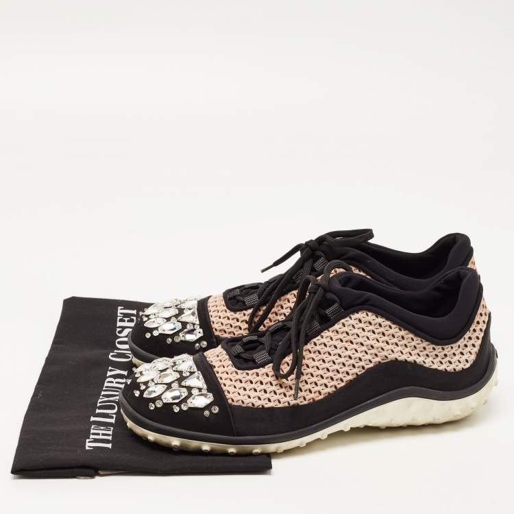 Pre Owned Miu Miu Black/Pink Neoprene and Mesh Crystal Embellished Low Top Sneakers Size 40
