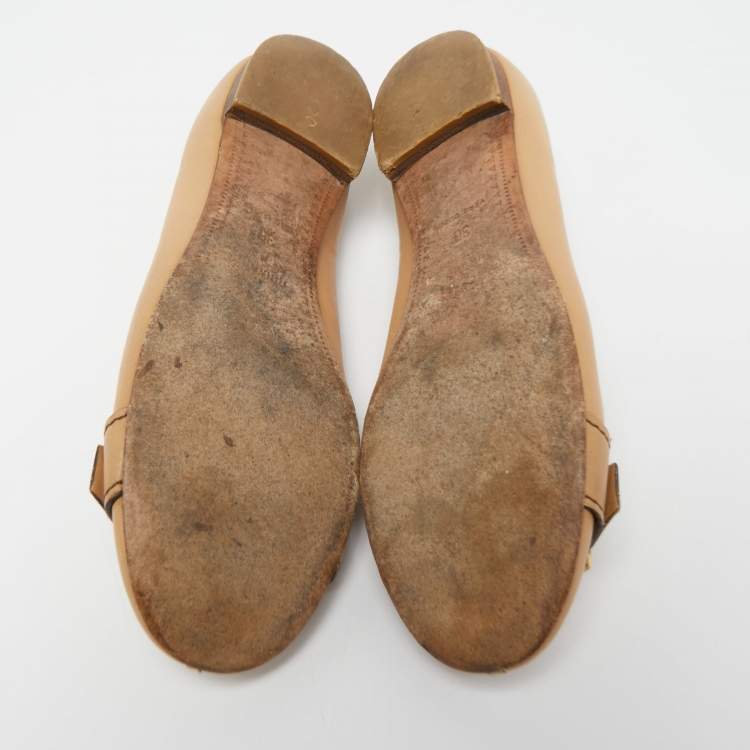 Pre Owned Miu Miu Beige Leather Logo Detail Ballet Flats Size 36