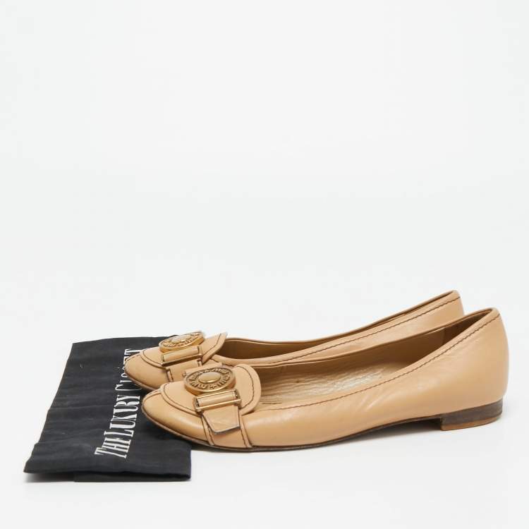 Pre Owned Miu Miu Beige Leather Logo Detail Ballet Flats Size 36