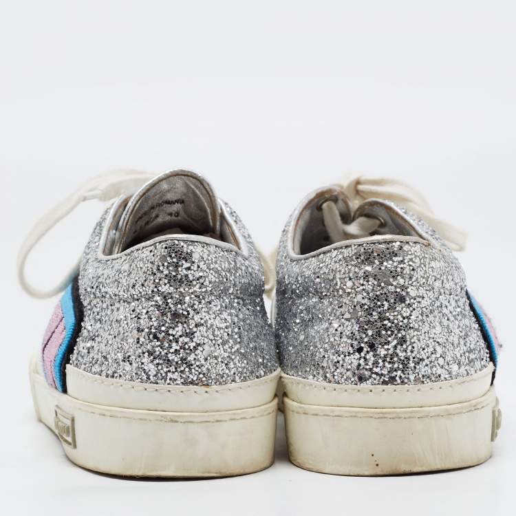 Pre Owned Miu Miu Silver/White Leather and Glitter Patch Slip on Sneakers Size 40