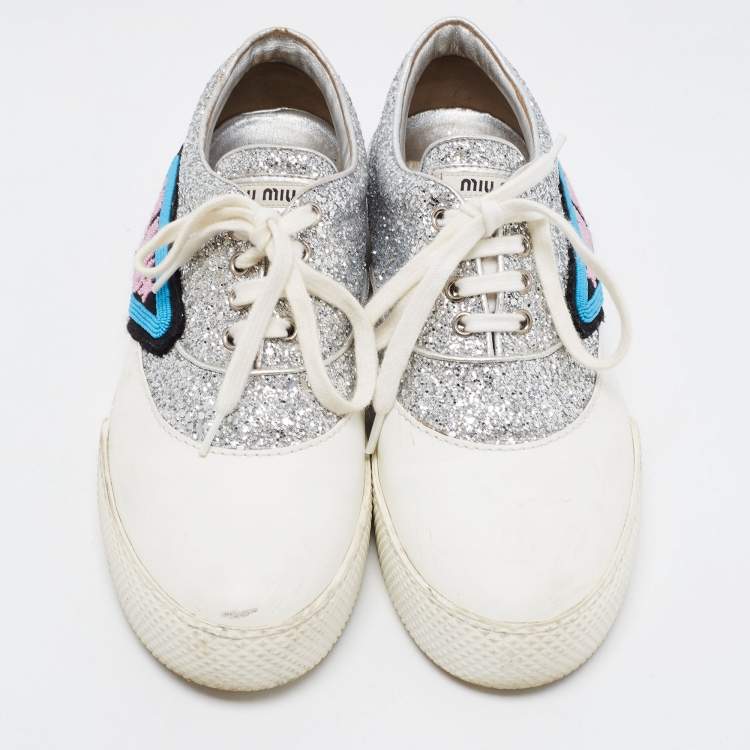 Pre Owned Miu Miu Silver/White Leather and Glitter Patch Slip on Sneakers Size 40