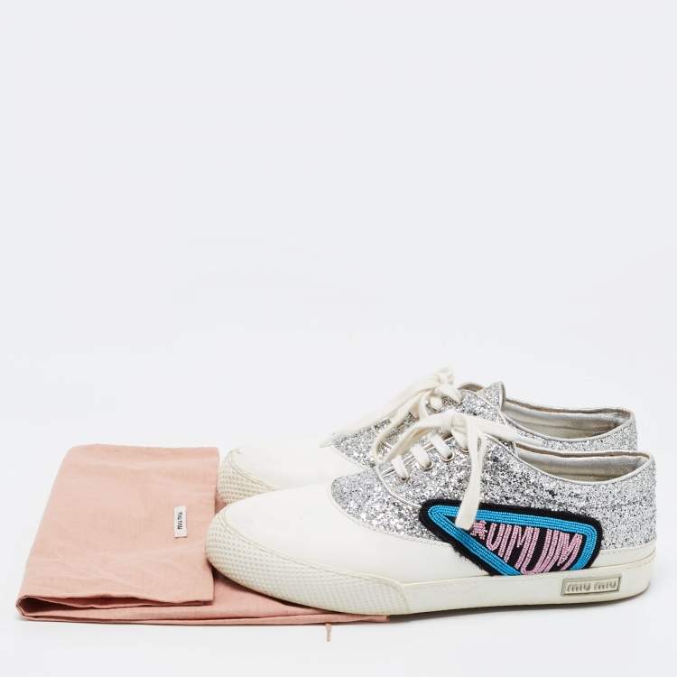 Pre Owned Miu Miu Silver/White Leather and Glitter Patch Slip on Sneakers Size 40