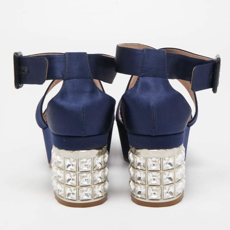 Pre Owned Miu Miu Navy Blue Satin Crystal Embellished Block Sandals Size 37