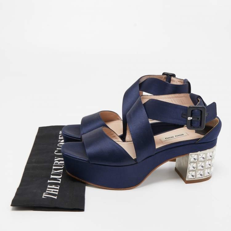 Pre Owned Miu Miu Navy Blue Satin Crystal Embellished Block Sandals Size 37