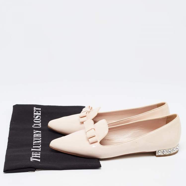 Pre Owned Miu Miu Light Pink Patent Leather Bow Crystal Embellished Smoking Slippers Size 36