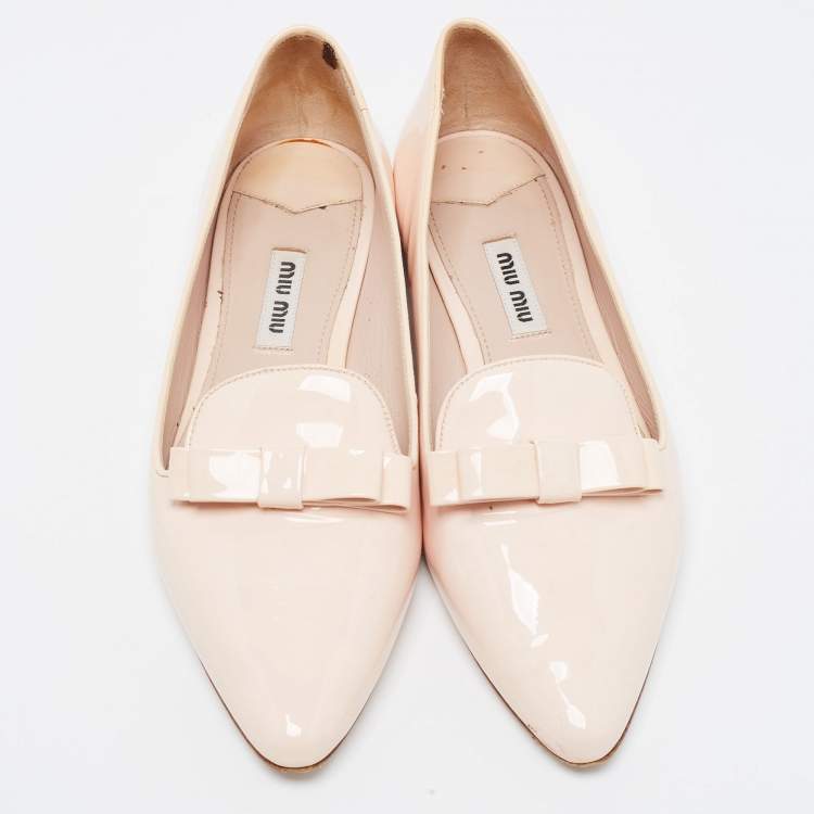 Pre Owned Miu Miu Light Pink Patent Leather Bow Crystal Embellished Smoking Slippers Size 36