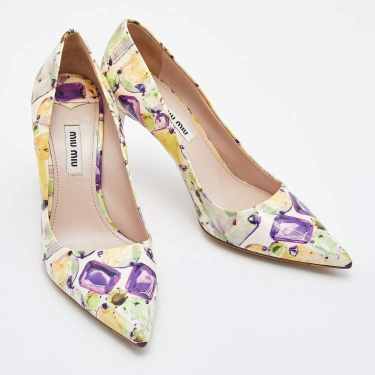 Pre Owned Miu Miu Multicolor Printed Patent Leather Pointed Toe Pumps Size 37.5