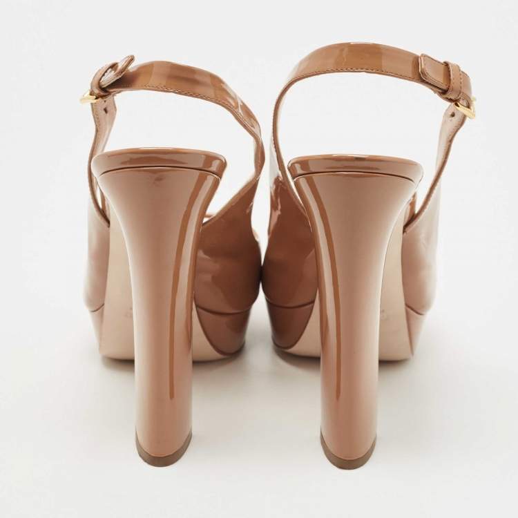 Pre Owned Miu Miu Brown Patent Leather Open Toe Platform Slingback Pumps Size 41