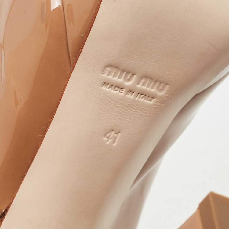Pre Owned Miu Miu Brown Patent Leather Open Toe Platform Slingback Pumps Size 41