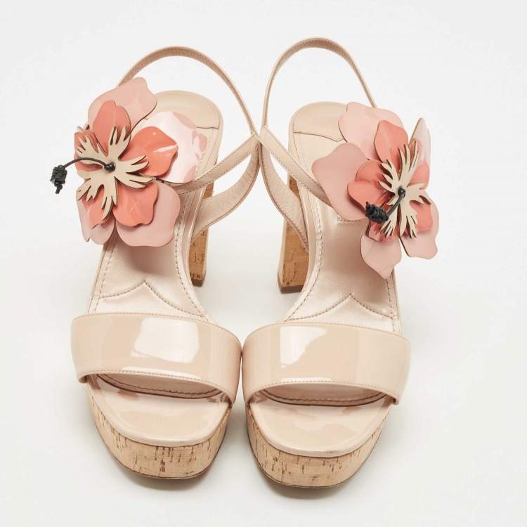 Pre Owned Miu Miu Beige Patent Leather Ankle Strap Sandals Size 40