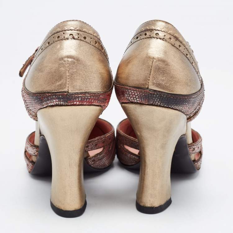 Pre Owned Miu Miu Metallic Two Tone Brogue Leather and Embossed Lizard Pumps Size 37.5
