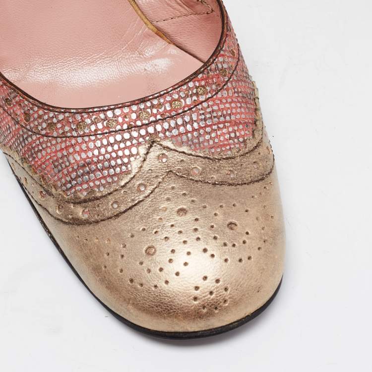 Pre Owned Miu Miu Metallic Two Tone Brogue Leather and Embossed Lizard Pumps Size 37.5