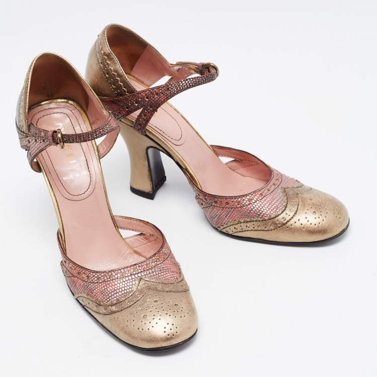 Pre Owned Miu Miu Metallic Two Tone Brogue Leather and Embossed Lizard Pumps Size 37.5