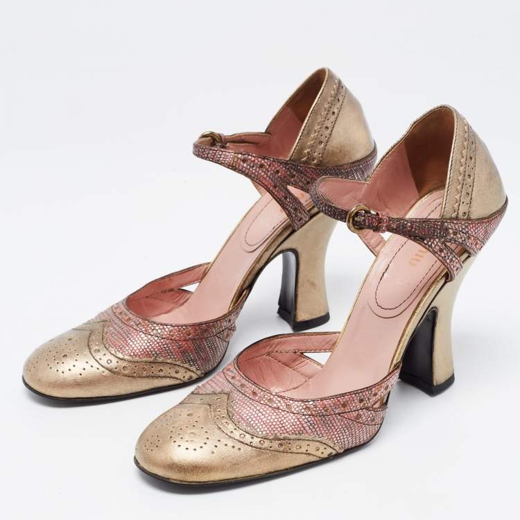 Pre Owned Miu Miu Metallic Two Tone Brogue Leather and Embossed Lizard Pumps Size 37.5