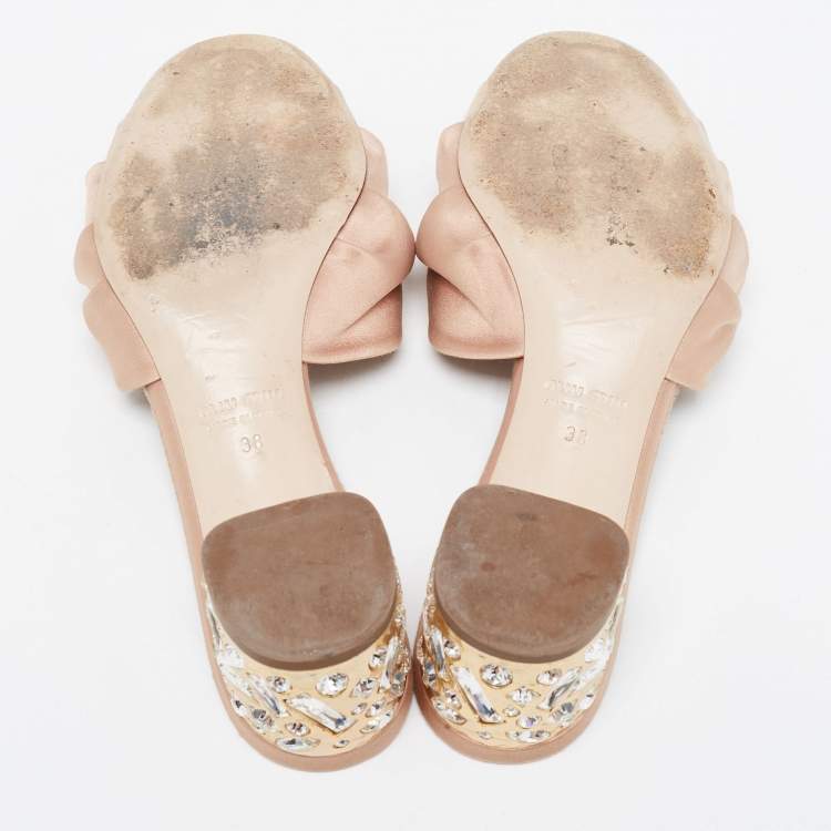 Pre Owned Miu Miu Beige Satin Crystal Embellished Block Heel Slide Size 38