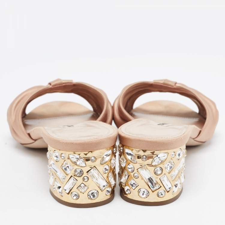 Pre Owned Miu Miu Beige Satin Crystal Embellished Block Heel Slide Size 38