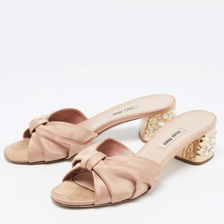 Pre Owned Miu Miu Beige Satin Crystal Embellished Block Heel Slide Size 38