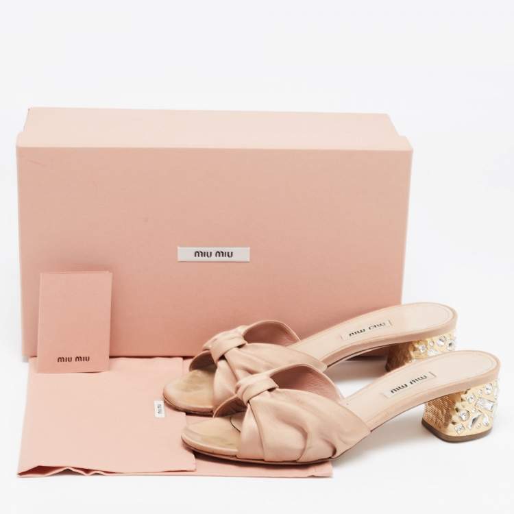Pre Owned Miu Miu Beige Satin Crystal Embellished Block Heel Slide Size 38