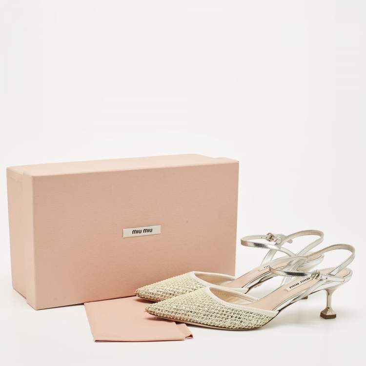 Pre Owned Miu Miu White/Silver Leather and Glitter Slingback Pointed Toe Pumps Size 38