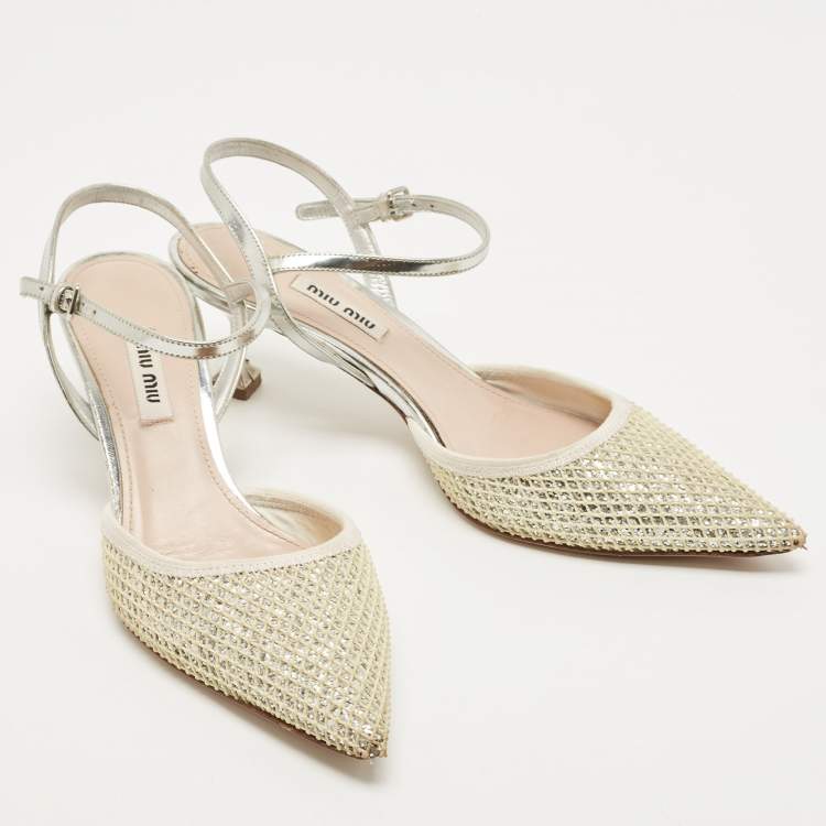 Pre Owned Miu Miu White/Silver Leather and Glitter Slingback Pointed Toe Pumps Size 38