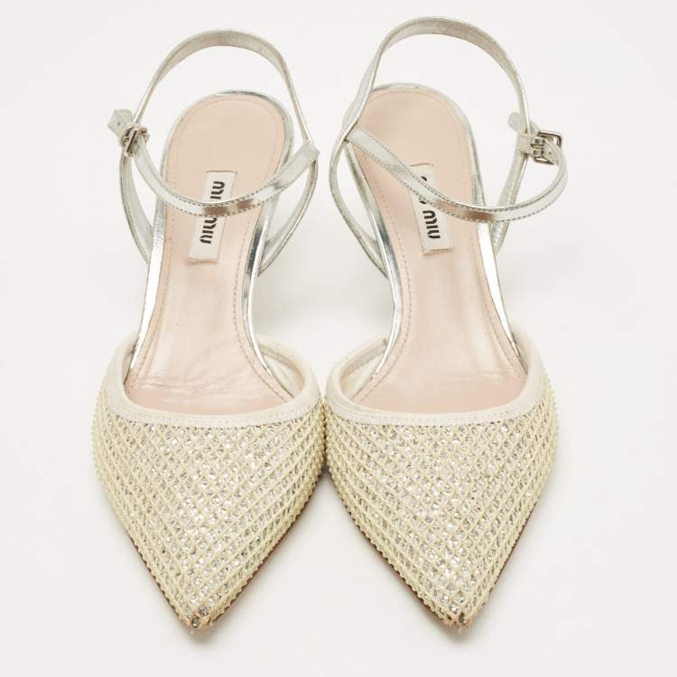Pre Owned Miu Miu White/Silver Leather and Glitter Slingback Pointed Toe Pumps Size 38