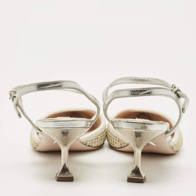 Pre Owned Miu Miu White/Silver Leather and Glitter Slingback Pointed Toe Pumps Size 38
