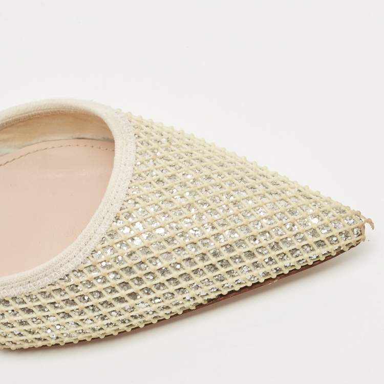Pre Owned Miu Miu White/Silver Leather and Glitter Slingback Pointed Toe Pumps Size 38