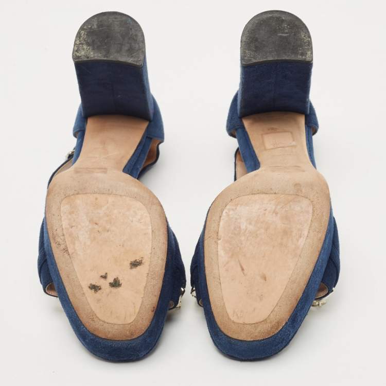 Pre Owned Miu Miu Navy Blue Suede Crystal Embellished Ankle Strap Sandals Size 37.5
