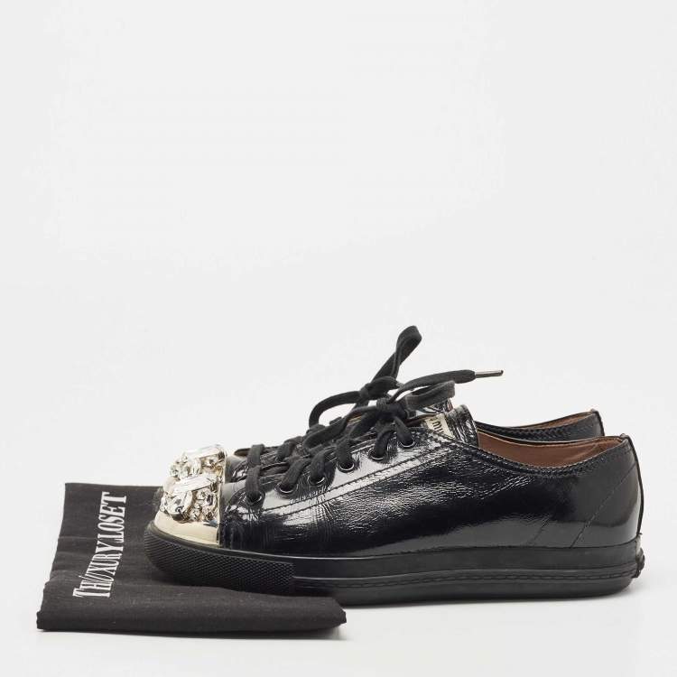 Pre Owned Miu Miu Black Patent Leather Crystal Embellished Cap Toe Low Top Sneakers Size 38.5