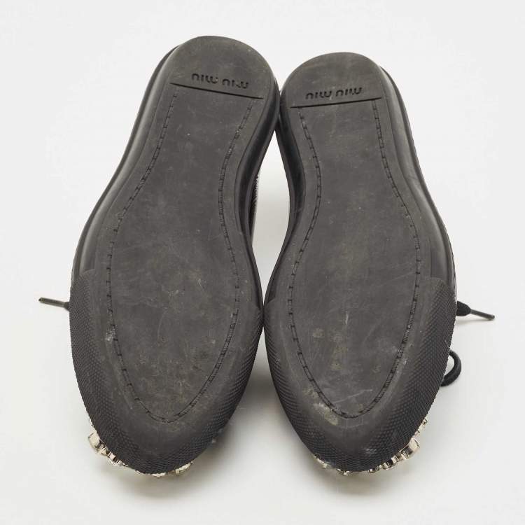Pre Owned Miu Miu Black Patent Leather Crystal Embellished Cap Toe Low Top Sneakers Size 38.5