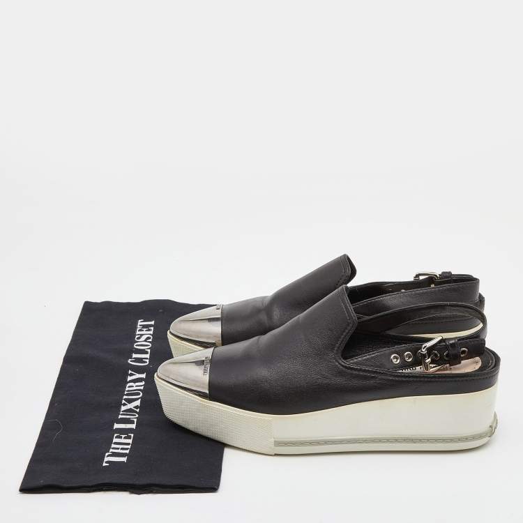 Pre Owned Miu Miu Black Leather Platform Slingback Sneakers Size 39