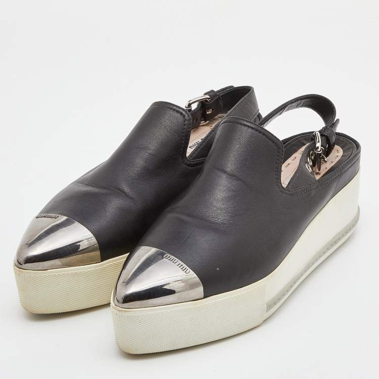 Pre Owned Miu Miu Black Leather Platform Slingback Sneakers Size 39