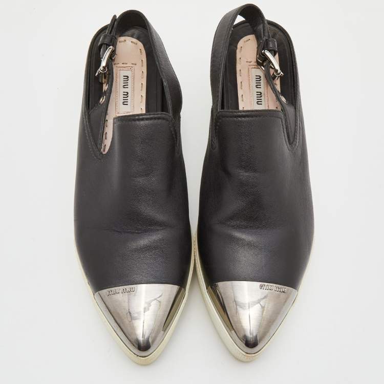 Pre Owned Miu Miu Black Leather Platform Slingback Sneakers Size 39