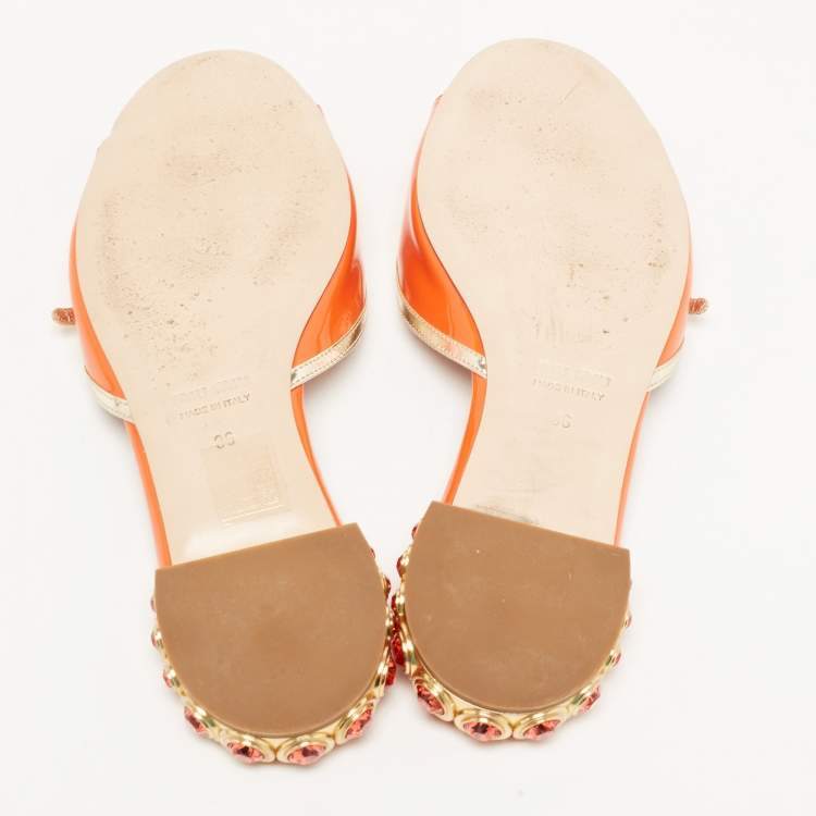 Pre Owned Miu Miu Orange/Gold Patent Leather Crystal Stud Flat Slides Size 36