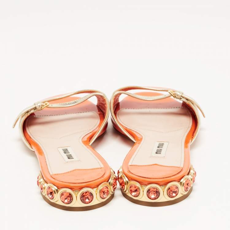 Pre Owned Miu Miu Orange/Gold Patent Leather Crystal Stud Flat Slides Size 36