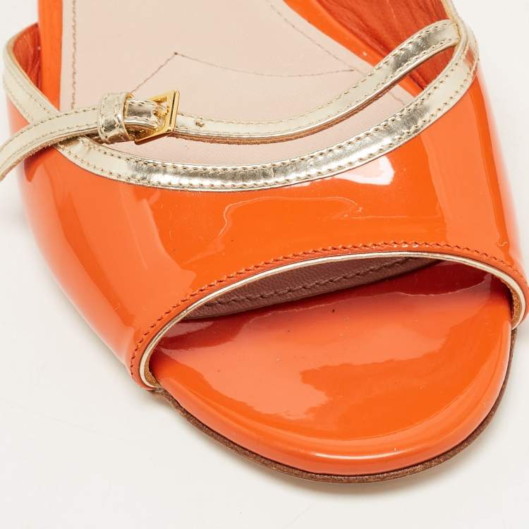 Pre Owned Miu Miu Orange/Gold Patent Leather Crystal Stud Flat Slides Size 36