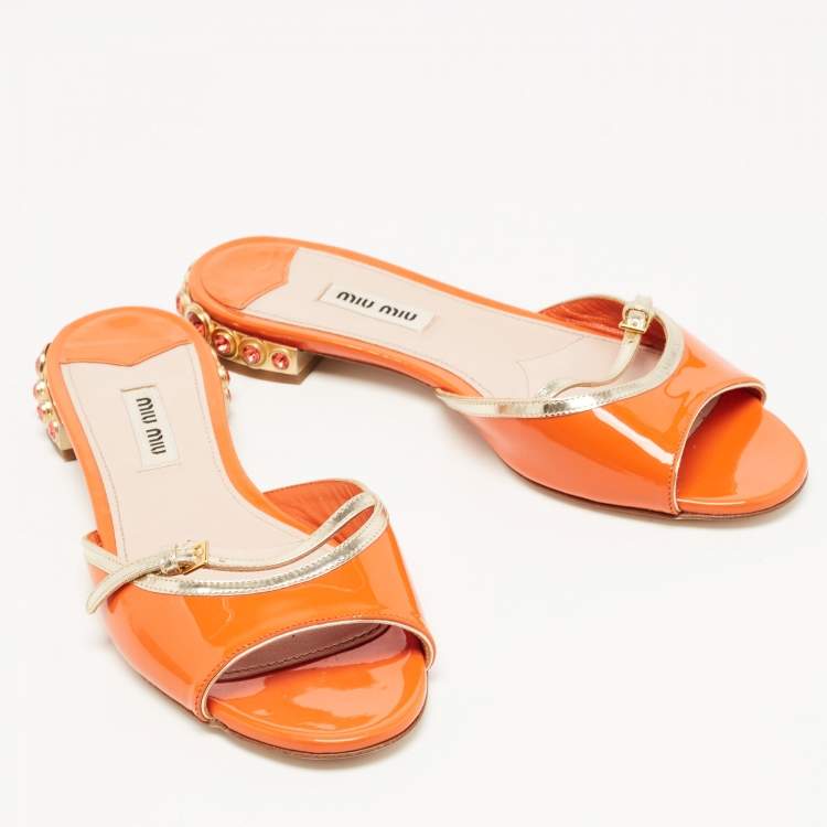Pre Owned Miu Miu Orange/Gold Patent Leather Crystal Stud Flat Slides Size 36