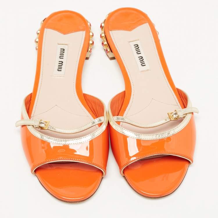 Pre Owned Miu Miu Orange/Gold Patent Leather Crystal Stud Flat Slides Size 36