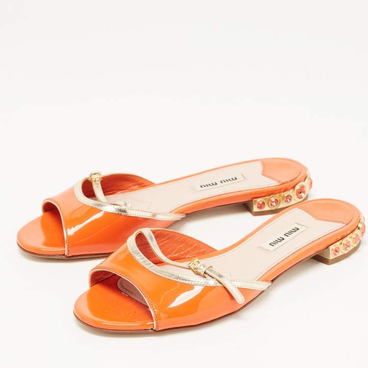 Pre Owned Miu Miu Orange/Gold Patent Leather Crystal Stud Flat Slides Size 36