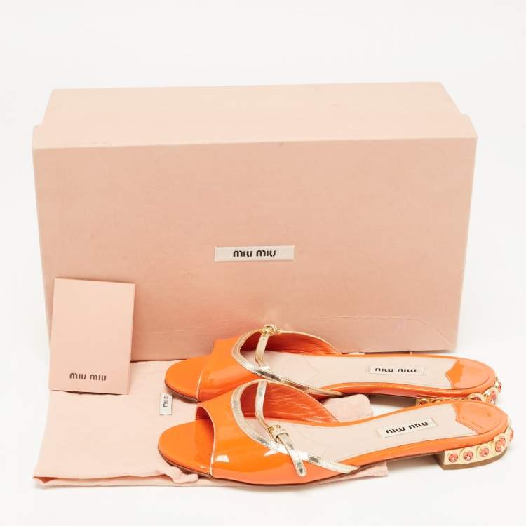 Pre Owned Miu Miu Orange/Gold Patent Leather Crystal Stud Flat Slides Size 36