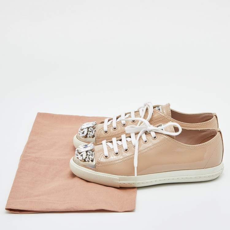 Pre Owned Miu Miu Beige Leather Crystal Embellished Cap Toe Sneakers  Size 37.5