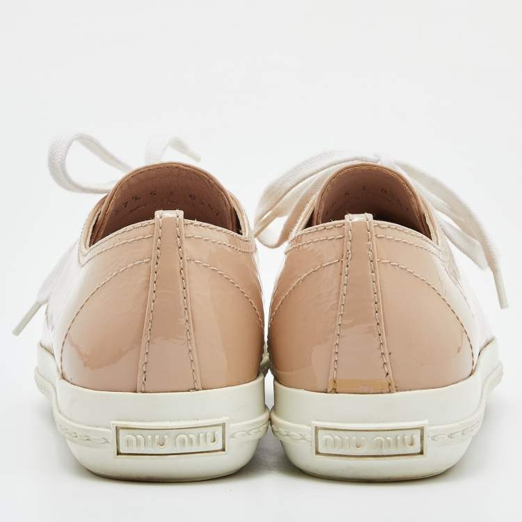 Pre Owned Miu Miu Beige Leather Crystal Embellished Cap Toe Sneakers  Size 37.5