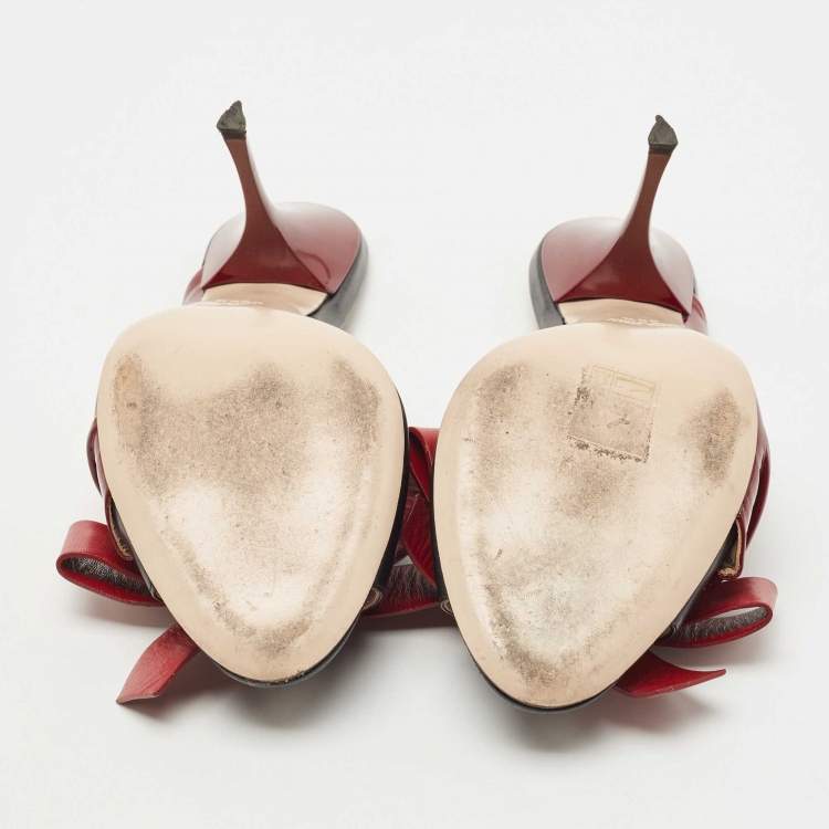 Pre Owned Miu Miu Burgundy/Black Pleated Patent and Leather Bow Slide Sandals Size 38.5