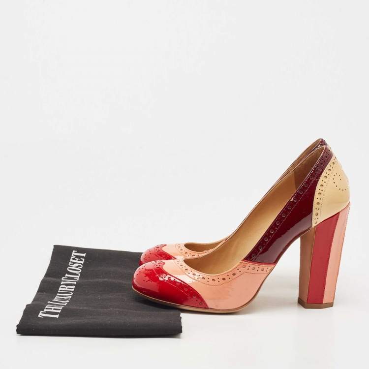 Pre Owned Miu Miu Multicolor Brogue Patent Leather Round Toe Pumps Size 38.5