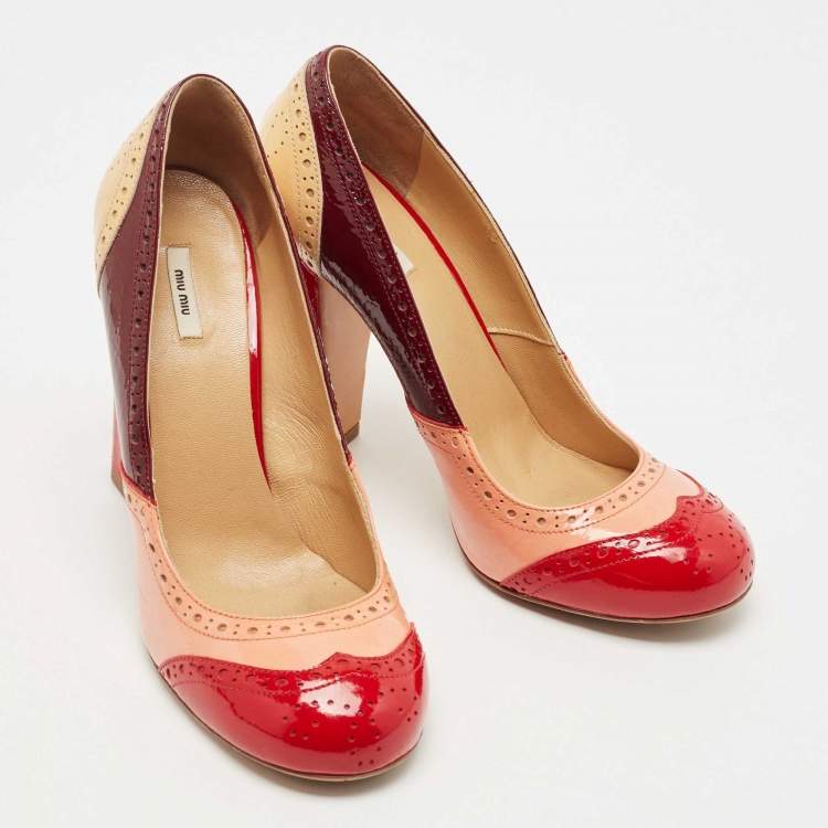 Pre Owned Miu Miu Multicolor Brogue Patent Leather Round Toe Pumps Size 38.5