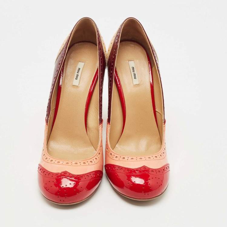 Pre Owned Miu Miu Multicolor Brogue Patent Leather Round Toe Pumps Size 38.5