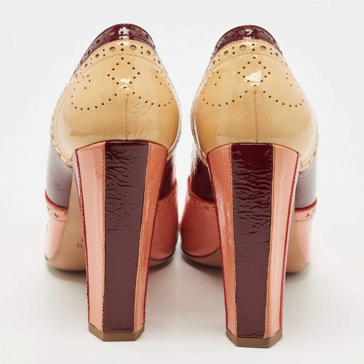 Pre Owned Miu Miu Multicolor Brogue Patent Leather Round Toe Pumps Size 38.5